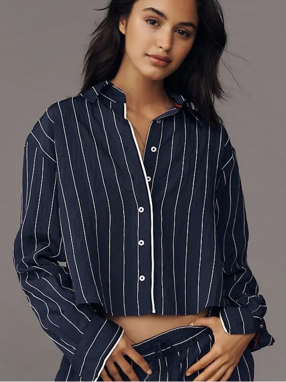 Anthropologie Pinstripe Silken Buttondown Crop Navy Blue Top Size S